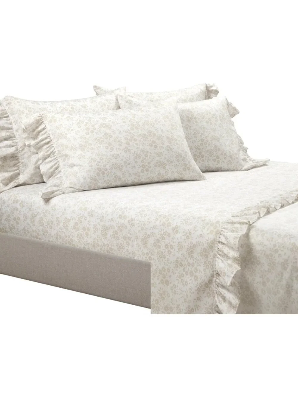Floral Ruffle Twin XL Sheet Set - 4 Piece Neutral & White Bedding for Dorm Decor